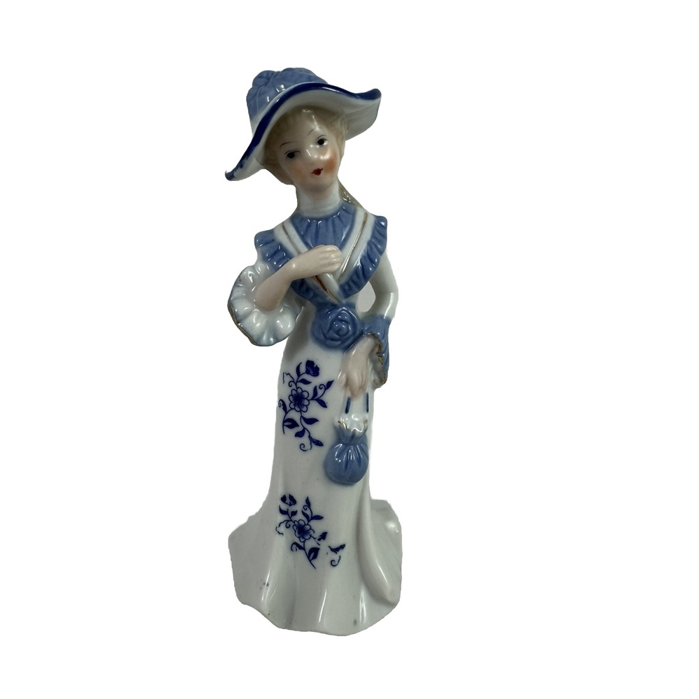 Victorian Lady Porcelain Figurine  Blue White Drawstring Handbag 6"Delft-Style